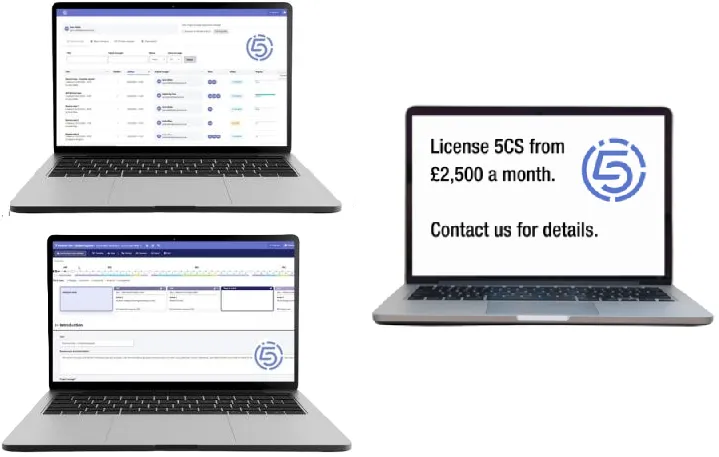 Three laptop screens displaying 5CS use examples and sales information