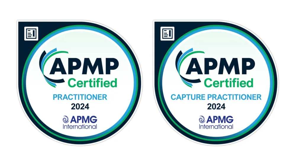 Two circular APMP certification badges with teal borders and white centers