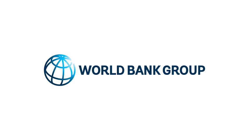 A blue geometric globe illustration with the words World Bank Group to the right of it